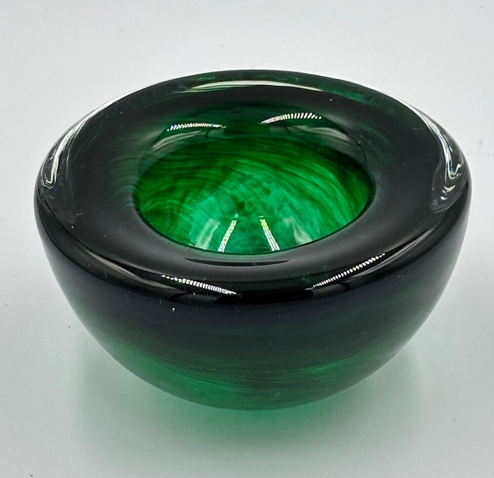 Kosta Boda Atoll Glass Bowl 4.25” Green Swirl Tealight Candle Holder Paperweight